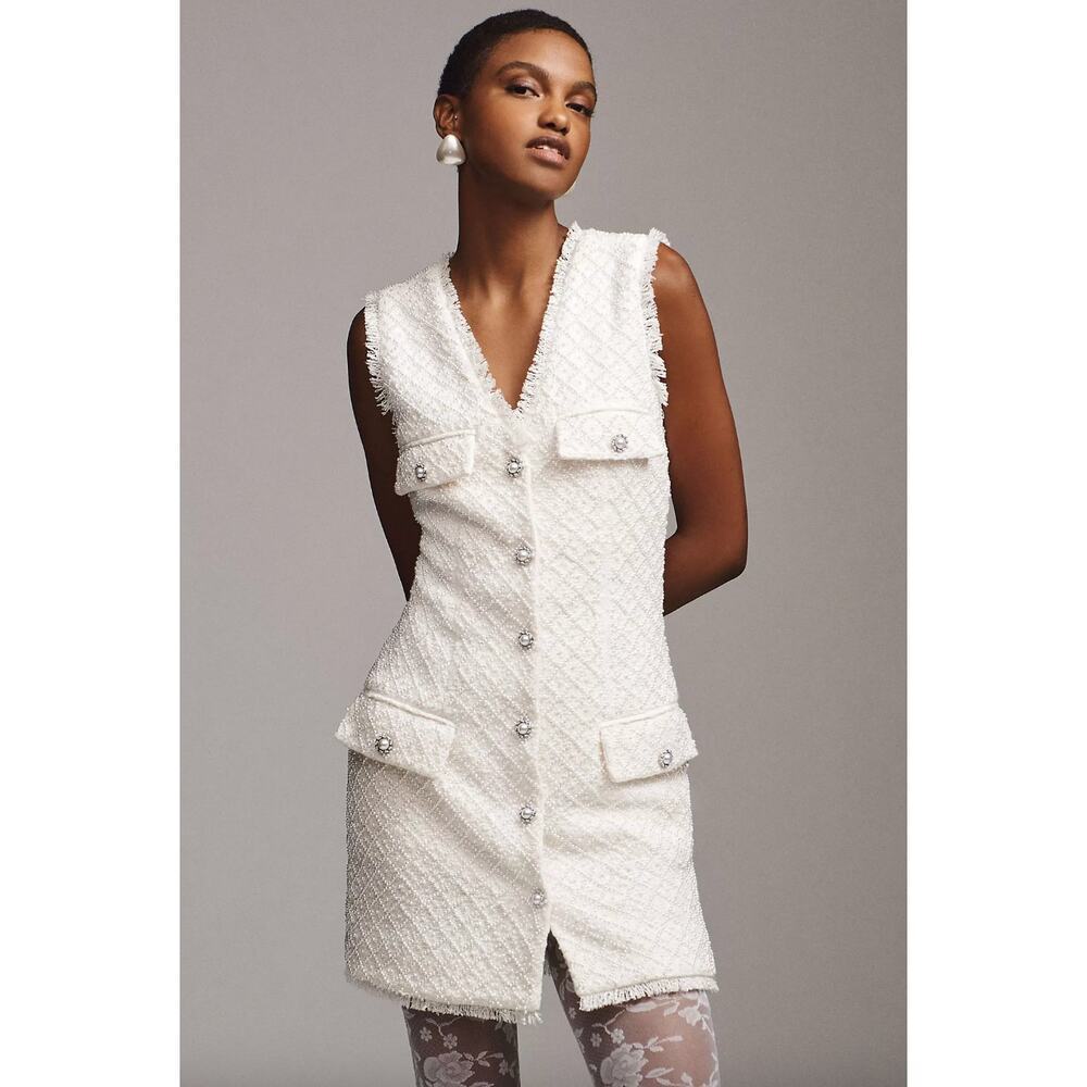 BHLDN‎ White Ella Pearl Beaded Tweed Dress